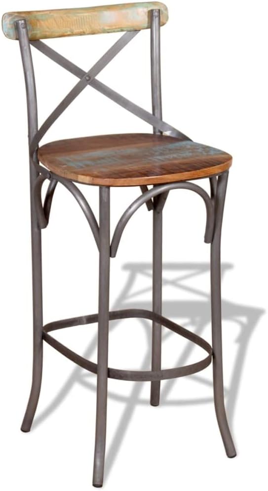 Vintage Solid Reclaimed Wood Bar Chair with Iron Legs, Handcrafted Unique Grain, 17.7 Inch Depth Seat for Home Bar Kitchen Island Dining Table, Supports 242.5 lbs, Durable