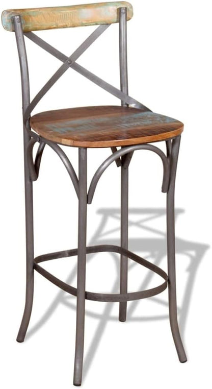 Vintage Solid Reclaimed Wood Bar Chair with Iron Legs, Handcrafted Unique Grain, 17.7 Inch Depth Seat for Home Bar Kitchen Island Dining Table, Supports 242.5 lbs, Durable