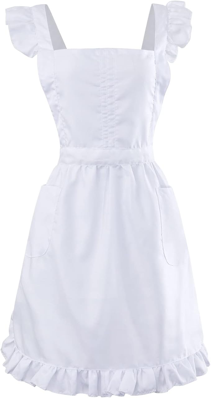 Geyoga Aprons for Women with Pockets Kitchen Cooking Waitress Maid Apron Vintage Skirt Cute Ruffle Dress Costume(White,Long Style)