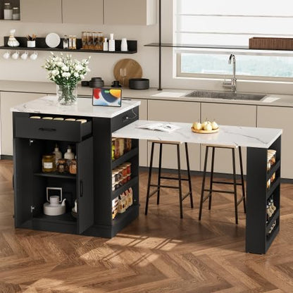 Bellemave Kitchen Island with Extendable Dining Table, 80.7" Kitchen Storage Islands with Double-Door Cabinet, Power Outlet, 2 Drawers & 2 Open Shelves, Temporary Breakfast Bar (Black/80.7")