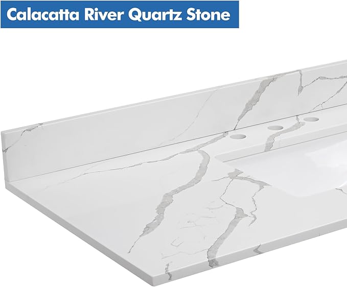 36 in.W x 22 in.D Quartz Calacatta River Vanity Top,with Undermount Right Offset Sink Vanity Top,with Two Sidesplash & One Backsplash,8 Inch Faucet Hole Spread Bathroom Vanity Sink Countertop