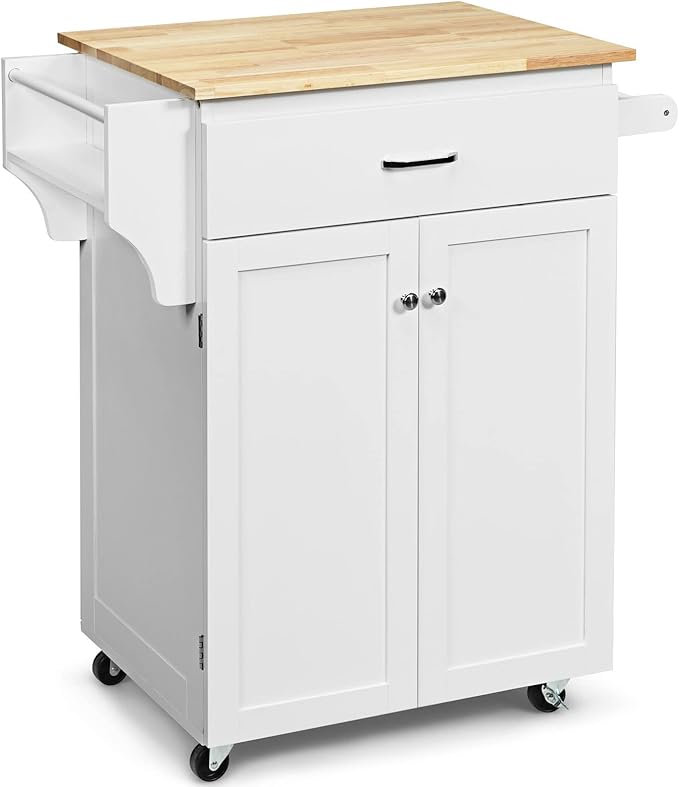 Harmony-Furniture Small Kitchen Island Cart, Narrow Butcher Block Kitchen Utility Cart w/Spice & Towel Rack, Rolling Kitchen Island with Storage Cabinets & Drawer for Dining Room (White)