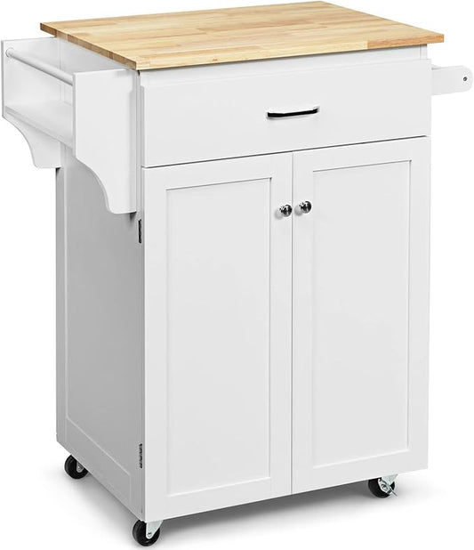 Harmony-Furniture Small Kitchen Island Cart, Narrow Butcher Block Kitchen Utility Cart w/Spice & Towel Rack, Rolling Kitchen Island with Storage Cabinets & Drawer for Dining Room (White)