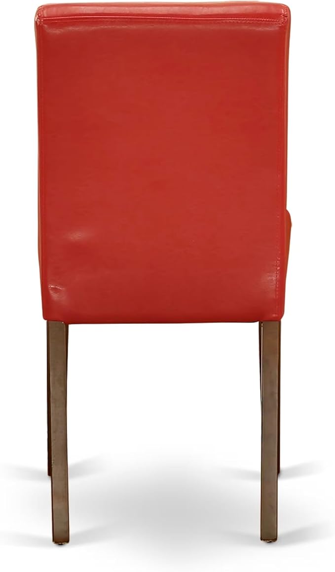 East West Furniture ABP3T72 Abbott Parsons Dining Chairs - Firebrick Red Faux Leather Padded Chairs, Set of 2, Mahogany