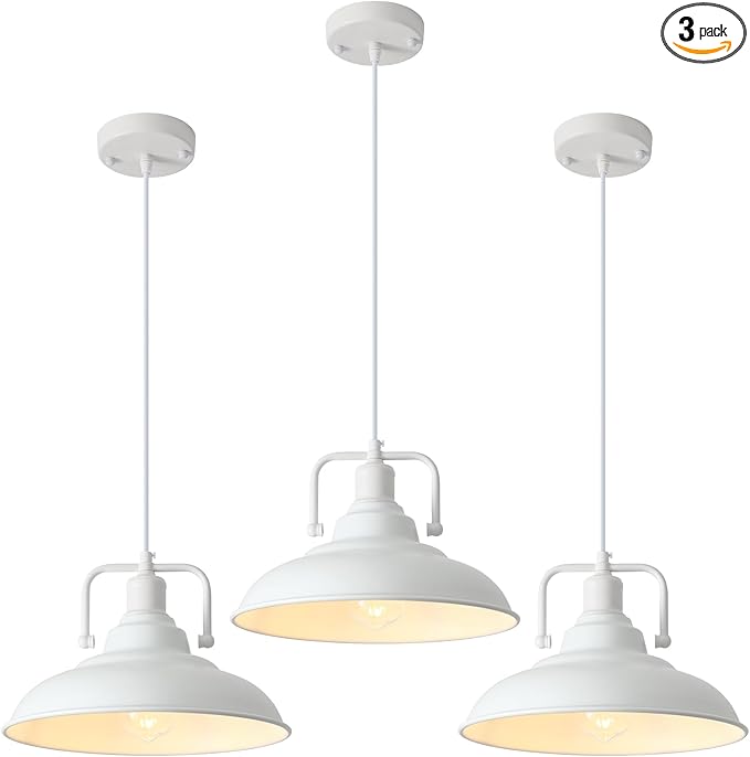 Farmhouse Pendant Light, 12.5inch, 3 Packs- White Kitchen Pendant Lights, Industrial Pendant Light, Pendant Lights Kitchen Island, Pendant Light for Bedroom, Office, Kichen Sink, Library