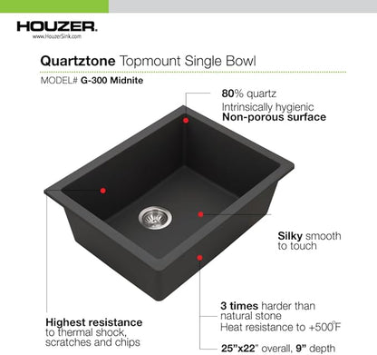 Houzer Cassiano Midnite Granite Composite Kitchen Sink - 24 Inch Undermount Single Bowl Sink, Durable & Versatile, Essential for Home & Apartment - G-300U MIDNITE