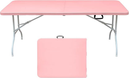 6 FT Folding Table with Carry Handle, Portable Fold-in-Half Plastic Table, Rectangle Foldable Table for Indoor/Outdoor Beautiful Pink
