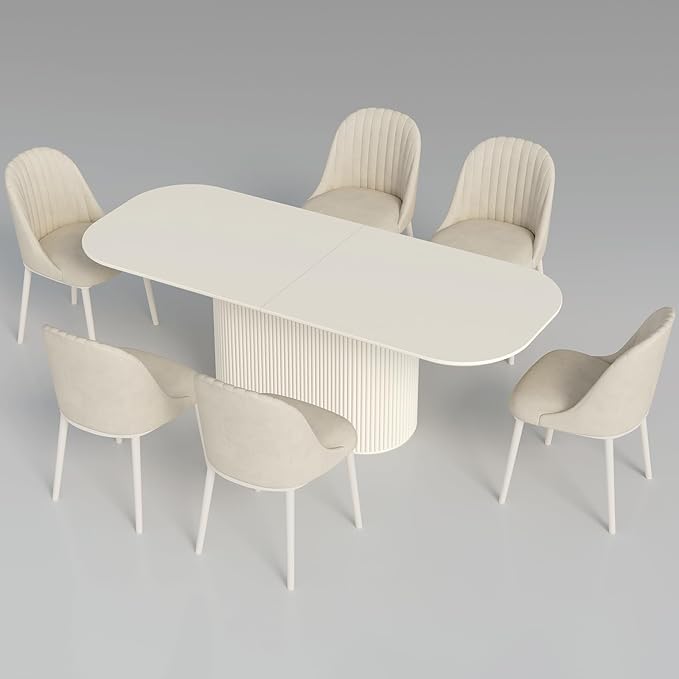86.61" Oval Dining Table Set for 6, 7 Piece Modern Dining Room Table Set with 6 Chairs for Kitchen, Living Room, Cream White Kitchen Table, Dinner Table Set with Stable Oval Pedestal