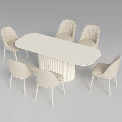 86.61" Oval Dining Table Set for 6, 7 Piece Modern Dining Room Table Set with 6 Chairs for Kitchen, Living Room, Cream White Kitchen Table, Dinner Table Set with Stable Oval Pedestal