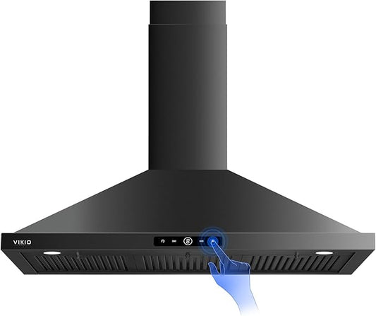 VIKIO HOME Wall Mount Range Hood 30 inch, 580 CFM Kitchen Vent Hood, Ducted/Ductless Convertible with Touch Control, Stainless Steel Stove Vent Hood, Easy Clean Filter, Black