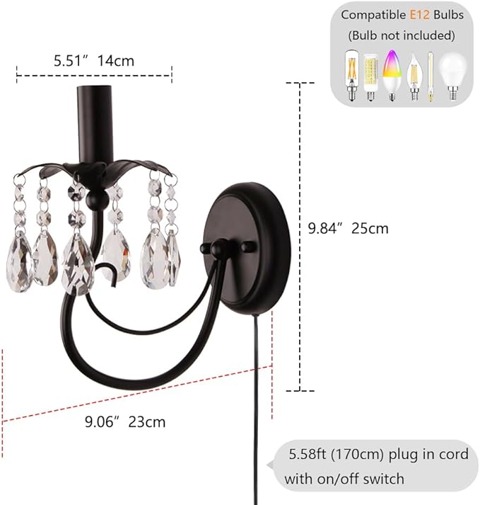 Black Wall Sconces,Vintage Crystal Wall Sconce Wall Light Fixtures,Farmhouse Candle Wall Sconce Indoor Bedside Mid Century for Bathroom Bedroom Living Room Hallway Entryway Stairs