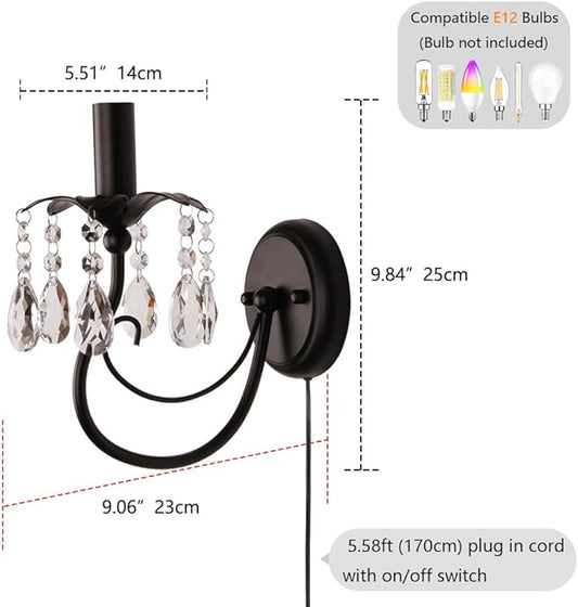 Black Wall Sconces,Vintage Crystal Wall Sconce Wall Light Fixtures,Farmhouse Candle Wall Sconce Indoor Bedside Mid Century for Bathroom Bedroom Living Room Hallway Entryway Stairs