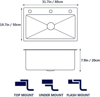 ARTLINE Drop In Stainless Steel Kitchen Sink, 3 Hole Topmount Single Bowl Workstation Sink, Farmhouse Workstation sink with Multiple Accessories (31.5 x 19.7in)
