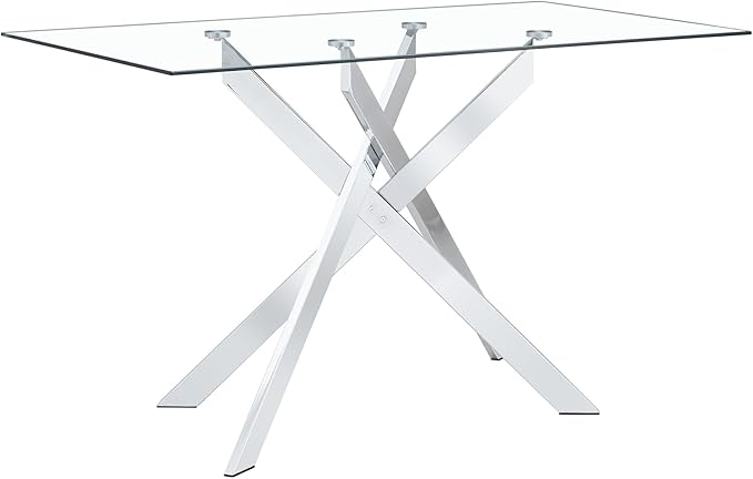 SSLine 51.2" Rectangle Glass Dining Table for 4 Modern Glass Tabletop Kitchen Table for 4 Luxury Dining Room Tables with Silver Nest-Shape Metal Base for Home Kitchen Dining Room