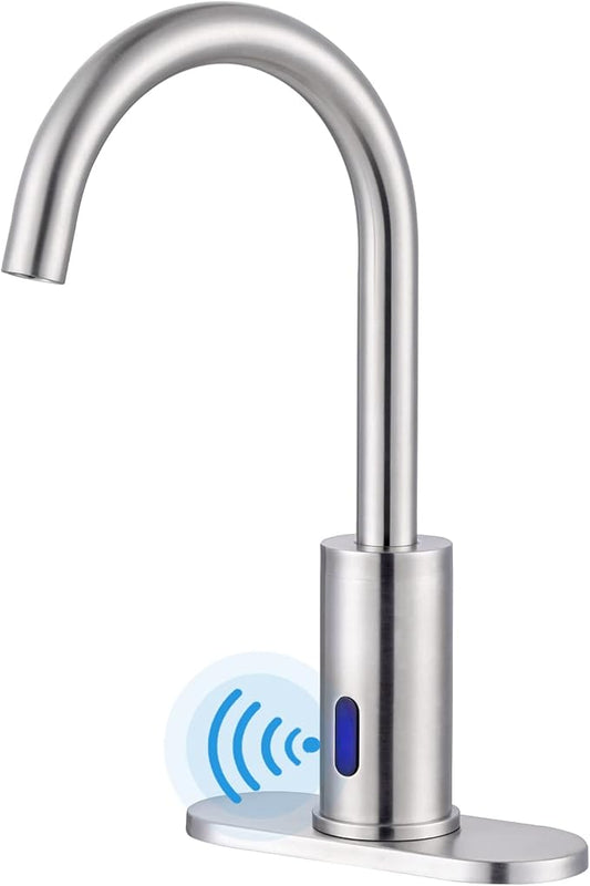 Automatic Touchless Bathroom Sink Faucet, WOWOW Motion Automatic Sensor Bathroom Faucet with Deck Plate, 1 or 3 Holes Motion Sensor Vanity Tap Hands Free Temperature Mixer, Brushed Nickel