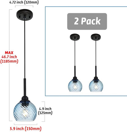 2 Pack Pendant Lights Kitchen Island with Blue Striped Swirl Globe Glass, Modern Hanging Light Fixtures Semi Flush Mount Stylish Black Pendant Lighting for Dining Room Hallway Bedroom Bar