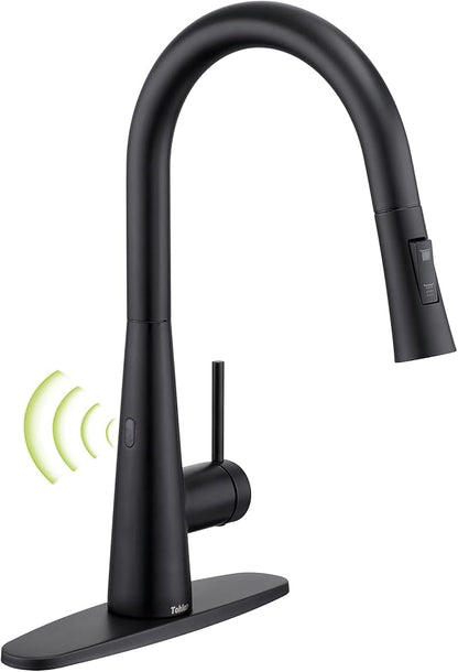 Tohlar Black Touchless Kitchen Faucet with Pull Down Sprayer, Stainless Steel Sensor Kitchen Faucet for Sink 3 Hole, Modern Single Handle Kitchen Sink Faucets with Deck Plate, Matte Black