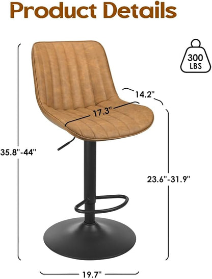 Bar Stools Set of 2, Swivel Adjustable Barstools, with Back Support, PU Leather Counter Height Bar Chairs for Kitchen Island Rustic Barstool, Brown (Brown + PU Leather + Foam-1)
