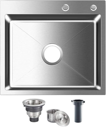ROVOGO 21.7"x17.7"x8.7" Kitchen Sink Drop-in, 304 Stainless Steel Single Bowl 2-Hole, Top Mount Handmade Bar Prep Sink with Drain Assembly, Brushed