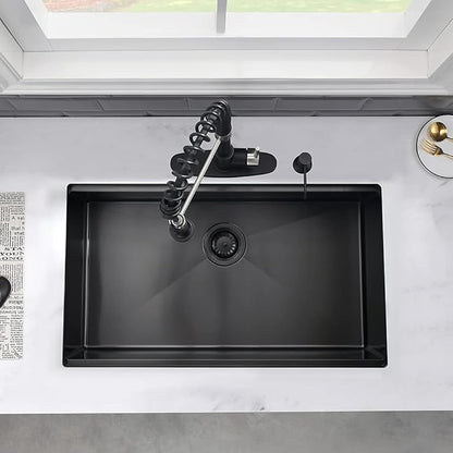 28 Inch Black Undermount Kitchen Sink Workstation-VASOYO 28x19 Black Stainless Steel Kitchen Sink Undermount Workstation Sinks 16 Gauge 304 Stainless Single Bowl Deep Sinks with Cutting Board