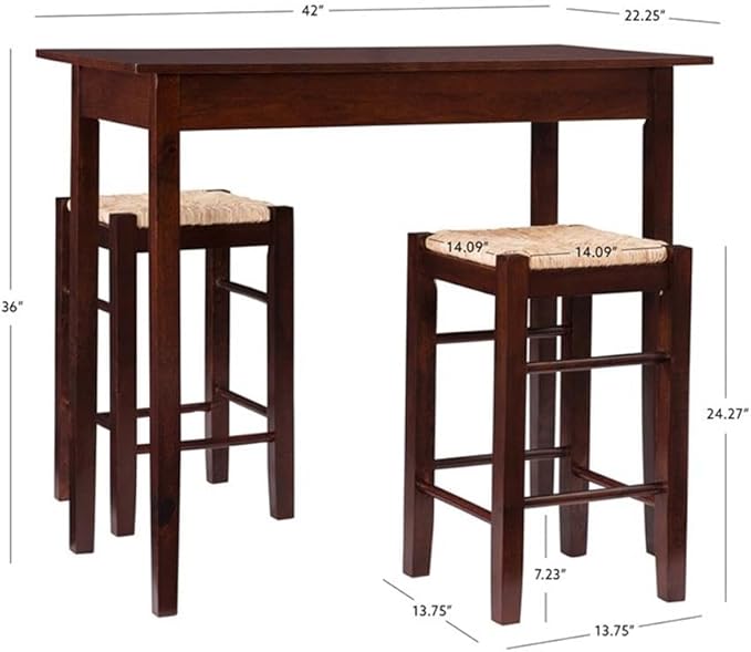 Linon Tavern Espresso Counter Height Table with 2 Stools - Kitchen Bar Set Sea Grass/Rush Seat