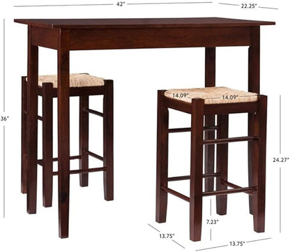 Linon Tavern Espresso Counter Height Table with 2 Stools - Kitchen Bar Set Sea Grass/Rush Seat