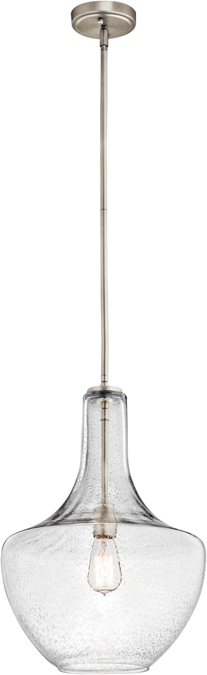 Kichler Everly 19.75" Kitchen Bell Pendant in Brushed Nickel, 1-Light Clear Seeded Glass Pendant Light, (19.75" H x 13.75" W), 42046NICS