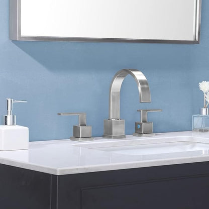 KINGO HOME 3 Hole Widespread Brushed Nickel Bathroom Faucet,Modern Waterfall 8 inch 2 Handle Bathroom Sink Faucet Vanity Bathroom Faucet for Sink 3 Hole with Pop Up Drain and Water Supply Lines