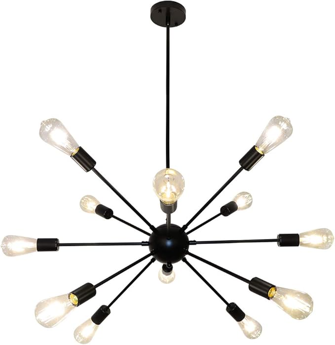 LynPon Sputnik Ceiling Light Fixture, 12 Lights Black Chandelier for Dining Room, Mid Century Chandeliers Industrial Hanging Light Vintage Pendant Light for Foyer Kitchen Living Room Bedroom