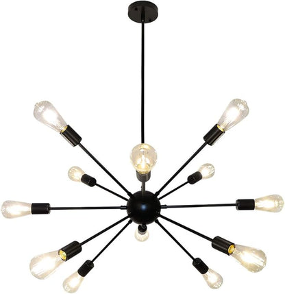 LynPon Sputnik Ceiling Light Fixture, 12 Lights Black Chandelier for Dining Room, Mid Century Chandeliers Industrial Hanging Light Vintage Pendant Light for Foyer Kitchen Living Room Bedroom