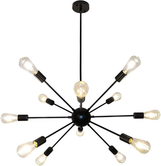LynPon Sputnik Ceiling Light Fixture, 12 Lights Black Chandelier for Dining Room, Mid Century Chandeliers Industrial Hanging Light Vintage Pendant Light for Foyer Kitchen Living Room Bedroom