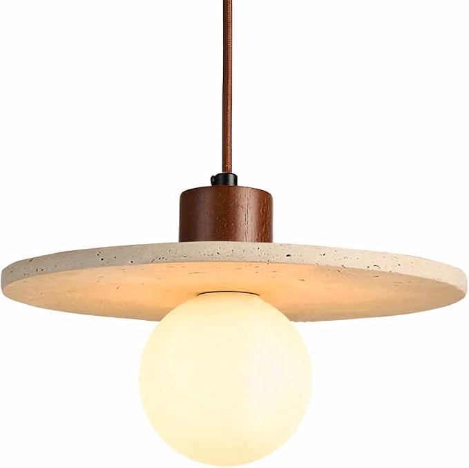 Japanese Wabi sabi Pendant Light with Natural Stone Shade, Dimmable Modern Wood Hanging Lamp Fixture, Adjustable Height Pendant Lamp for Bedroom, Kitchen Island, Dining Room, Restaurant, Cafe, Bar (M)