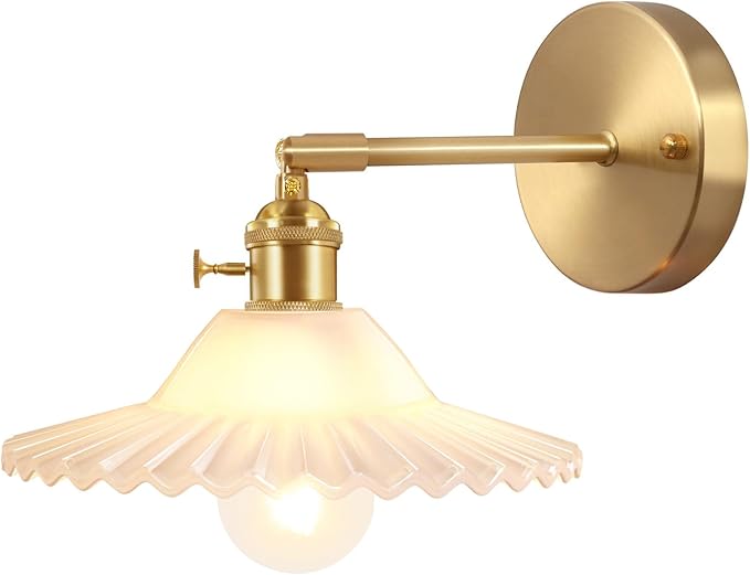 Shenmoyl Vintage Wall Sconces with White Lotus Glass Lampshade 180 Degree Adjustable Brass Sconces Hradwired Modern Wall Lighting Fixture with Switch for Bedside Bedroom Doorway