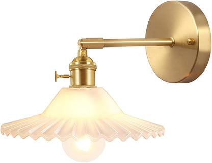 Shenmoyl Vintage Wall Sconces with White Lotus Glass Lampshade 180 Degree Adjustable Brass Sconces Hradwired Modern Wall Lighting Fixture with Switch for Bedside Bedroom Doorway