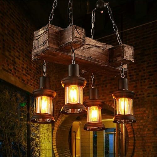 4 Lights Wood Vintage Chandelier, Industrial Farmhouse Island Light with Glass Lampshade and Adjustable Chain, Retro Loft Chandelier Dinning Table Pendant Lamp Fixtures for Bar Home Hotel Hallway