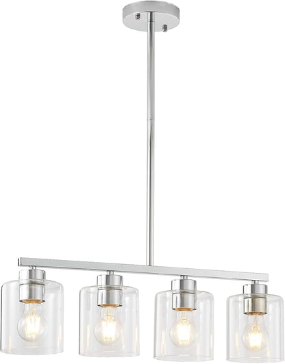 4-Light Kitchen Island Light Fixture, Silver Pendant Lights, Farmhouse Dining Room Light Fixtures Over Table, Modern Hanging Light Fixtures with Clear Glass, E26 Base, Bulbs Not Included