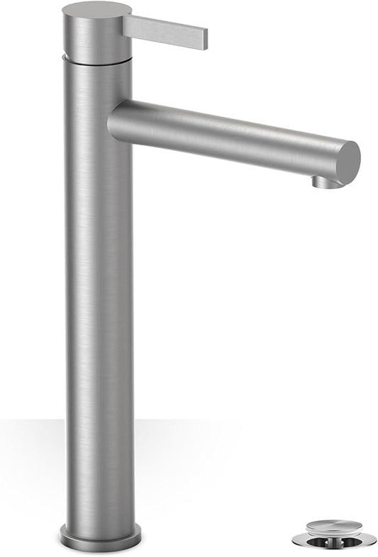 Phiestina Single Hole Tall Brushed Nickel Vessel Bathroom Sink Faucet, One Hole Single Handle Modern Bathroom Faucet, with Pop Up Drain and Water Supply Line,FH01-BN-V