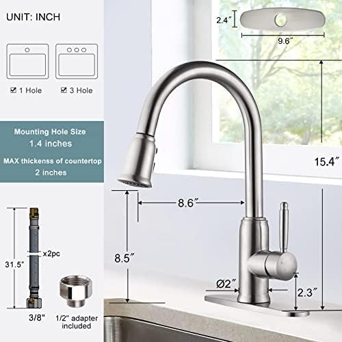Stainless Steel Kitchen Faucet with Pull Down Sprayer, WOWOW Vintage Kitchen Sink Faucet Brushed Nickel Single Handle Kitchen Faucet for Sink 1 or 3 Hole