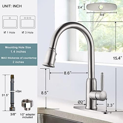 Stainless Steel Kitchen Faucet with Pull Down Sprayer, WOWOW Vintage Kitchen Sink Faucet Brushed Nickel Single Handle Kitchen Faucet for Sink 1 or 3 Hole