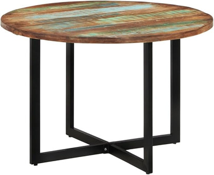 Round Dining Table 43.3 in Solid Reclaimed Wood Multicolor Small Kitchen Table Powder-Coated Finish Seats 4 for Modern Dining Room & Compact Spaces