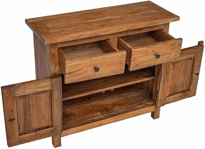 Brown Solid Mahogany Wood Sideboard, Distressed Finish, 29.5" Living Room Buffet Cabinet with Storage, Elegant Brass Handles, Indoor Furniture Kitchen Furnitur