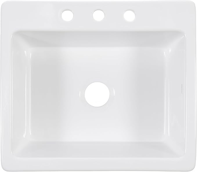 Sinkology Jackson 25 Inch White Fireclay Drop-In Kitchen Sink, Single Bowl, 3 Faucet Holes, Fits 28 Inch Cabinet, Surefire Finish