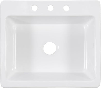 Sinkology Jackson 25 Inch White Fireclay Drop-In Kitchen Sink, Single Bowl, 3 Faucet Holes, Fits 28 Inch Cabinet, Surefire Finish