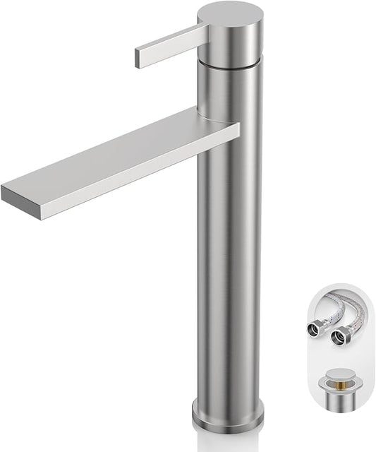 Phiestina Brushed Nickel Tall Bathroom Vessel Sink Faucet, Single Hole Single Handle Modern Bathroom Faucet, with Pop Up Drain and Water Supply Line, FH02-BN-V