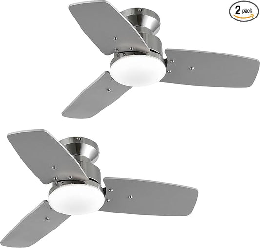 30 Inch Ceiling Fans with Lights and Remote, Bedroom Living Room Office, Flush Mount, 3CCT Dimmable, Dual Color 3 Blades 6 Speed Reversible Quiet DC Motor, Chrome-Plated/Wood Grain, 2 Pack