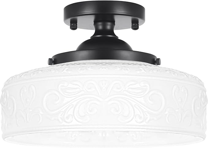 Daunton Black Semi Flush Mount Ceiling Light with Hand-Carved Design - 12 Inch Vintage White Glass Shade with Etched Patterns, Easy Install 3-Light Fixture for Hallway, Kitchen, Bedroom