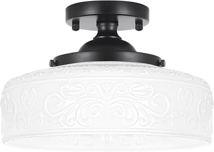 Daunton Black Semi Flush Mount Ceiling Light with Hand-Carved Design - 12 Inch Vintage White Glass Shade with Etched Patterns, Easy Install 3-Light Fixture for Hallway, Kitchen, Bedroom