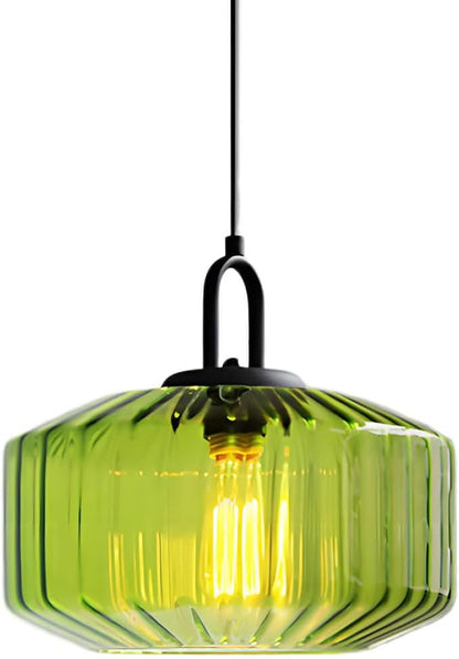 11-Inch Vintage Industrial Ribbed Glass Pendant Light Adjustable Height E26 Hanging Light for Kitchen Island Dining Room Bedroom Living Room Bar (Green)