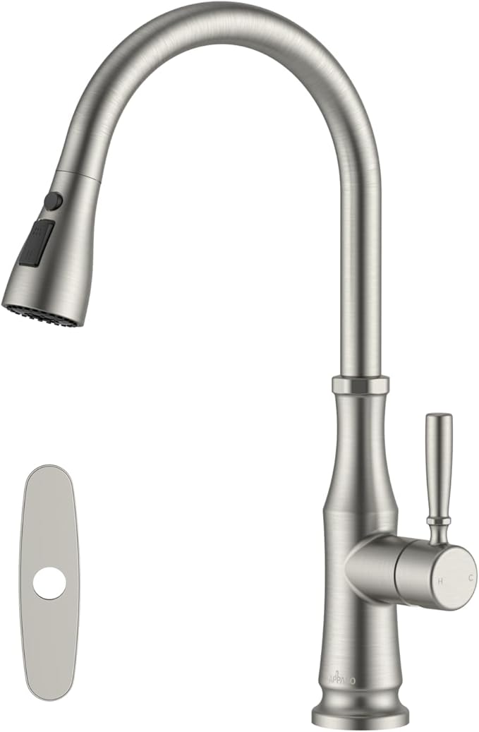 APPASO Kitchen Faucets with Pull Down Sprayer 3-Mode, 360° Swivel, 20-Inch Hose, Single Handle High Arc SUS 304 Stainless Steel Brushed Nickel Faucet with Deck Plate for 1-3 Hole Sink