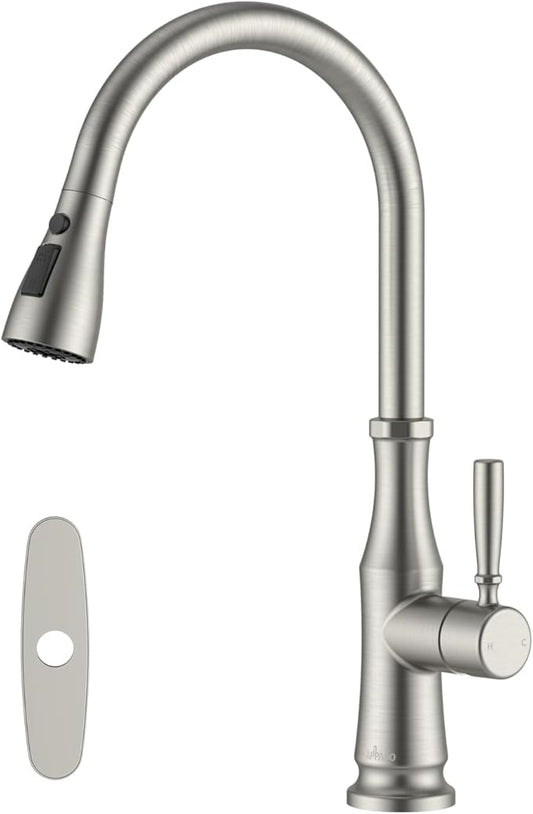 APPASO Kitchen Faucets with Pull Down Sprayer 3-Mode, 360° Swivel, 20-Inch Hose, Single Handle High Arc SUS 304 Stainless Steel Brushed Nickel Faucet with Deck Plate for 1-3 Hole Sink